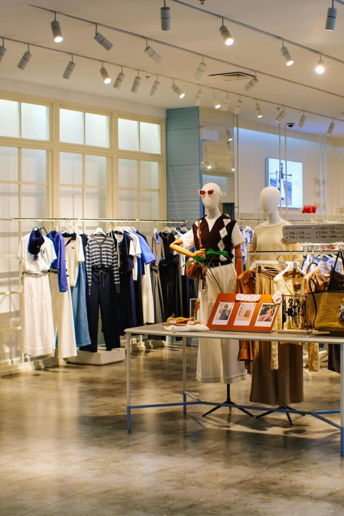 Contemporary fashion store showcasing trendy clothing and accessories on mannequins.