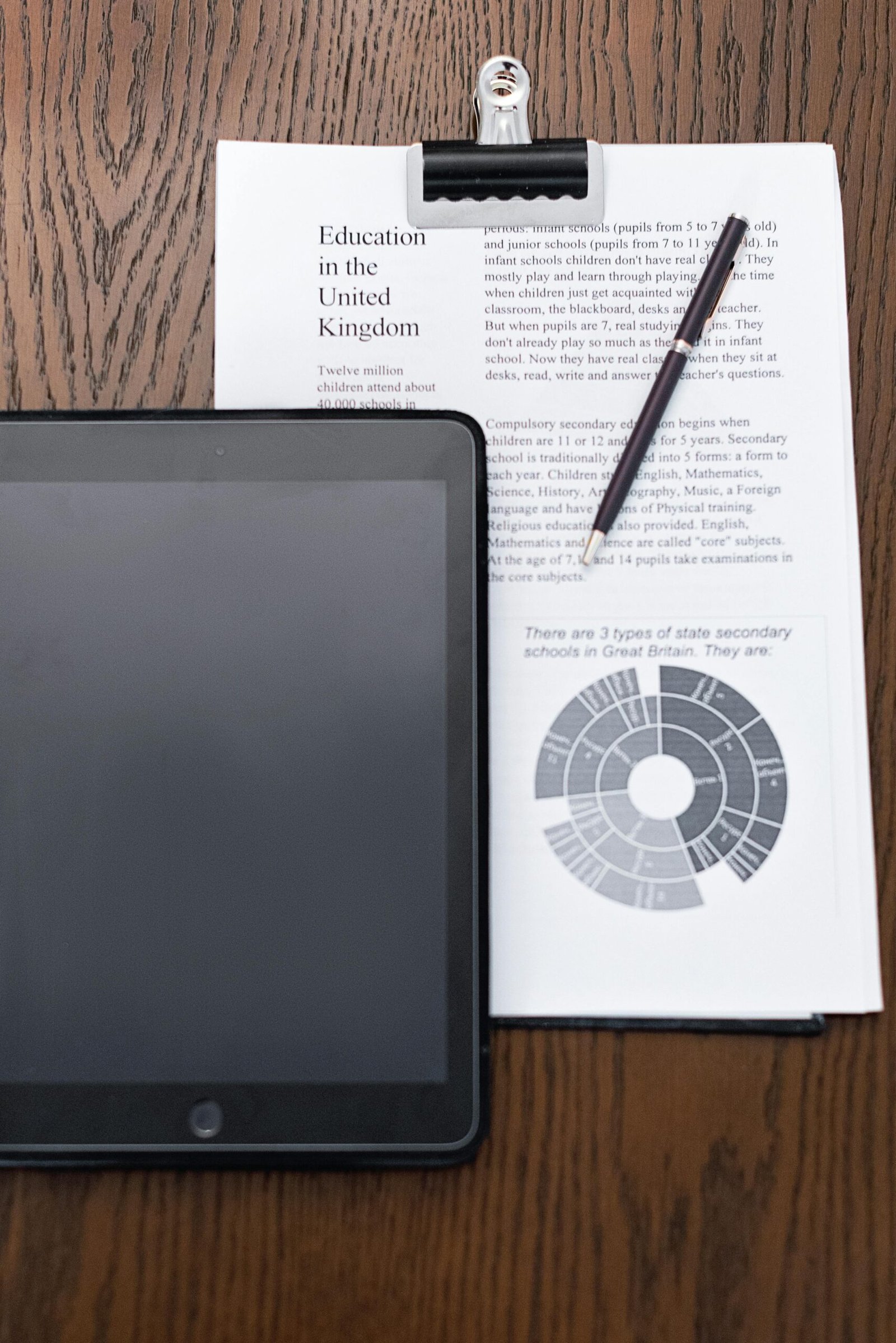 Flat lay of a tablet and educational documents on a wooden desk.